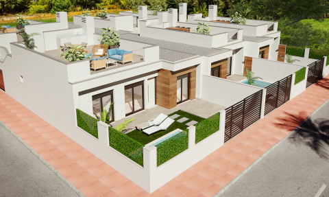 Complex of one level terraced villas with a private pool for each house