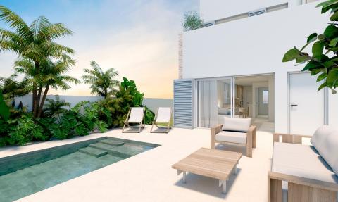 Villa adyacente con solarium privado y piscina a 150 m de la playa.