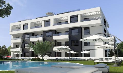 Apartamento en una residencia moderna con piscina y jardín privados